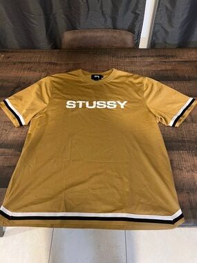 Stussy Mustard Short Sleeve Logo Tee with Black & White Ringer Trim
